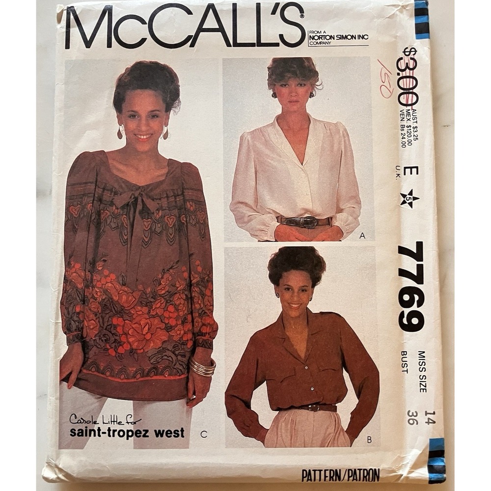 Vintage 1981 McCall's Pattern 7769 Women's Blouses Carol Little Size 14 Uncut